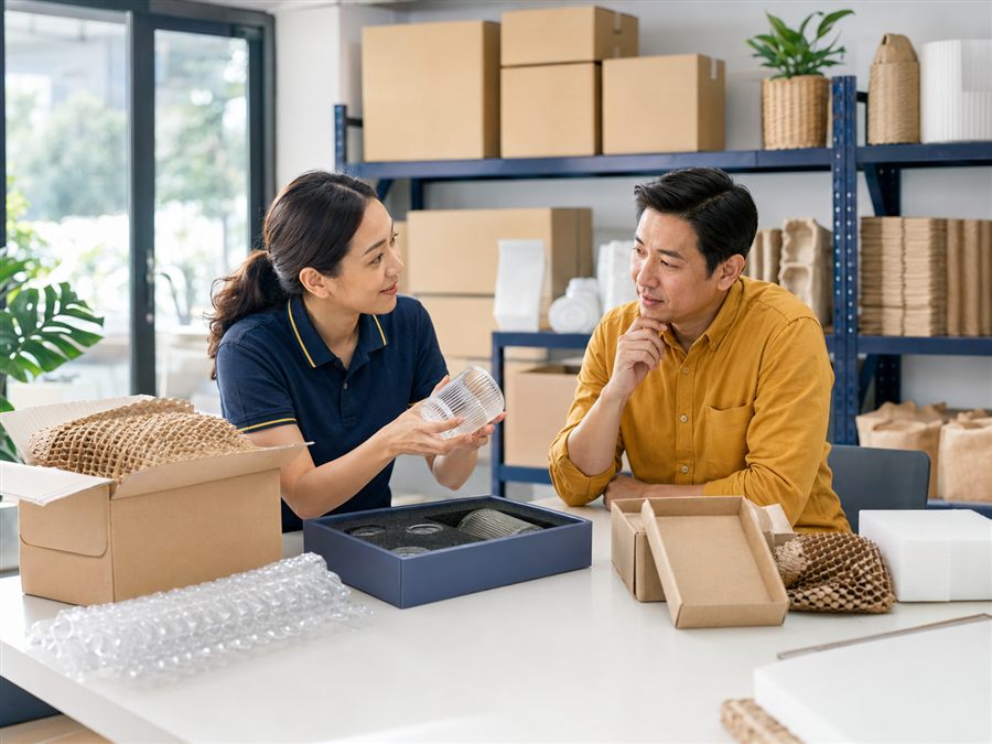 Packton consultant showing protective packaging to a café customer — caring service