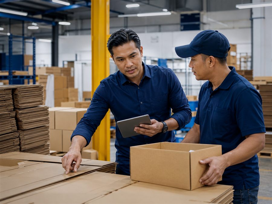 Packton team inspecting custom box specifications — responsible, made to order